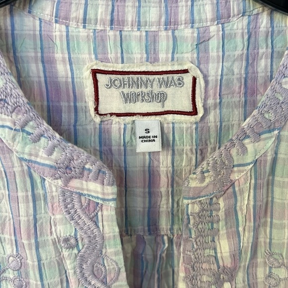 Johnny Was Malo Puff Sleeve Blouse Lilac Embroidered Plaid Bird Floral Small - Picture 6 of 13